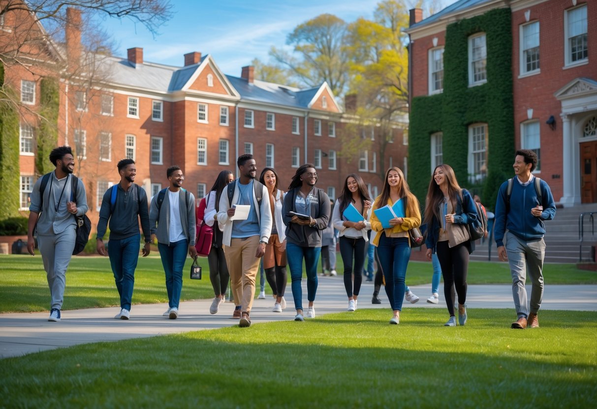 A diverse group of college students walking and sitting on green lawns surrounded by historic university buildings on a sunny day.