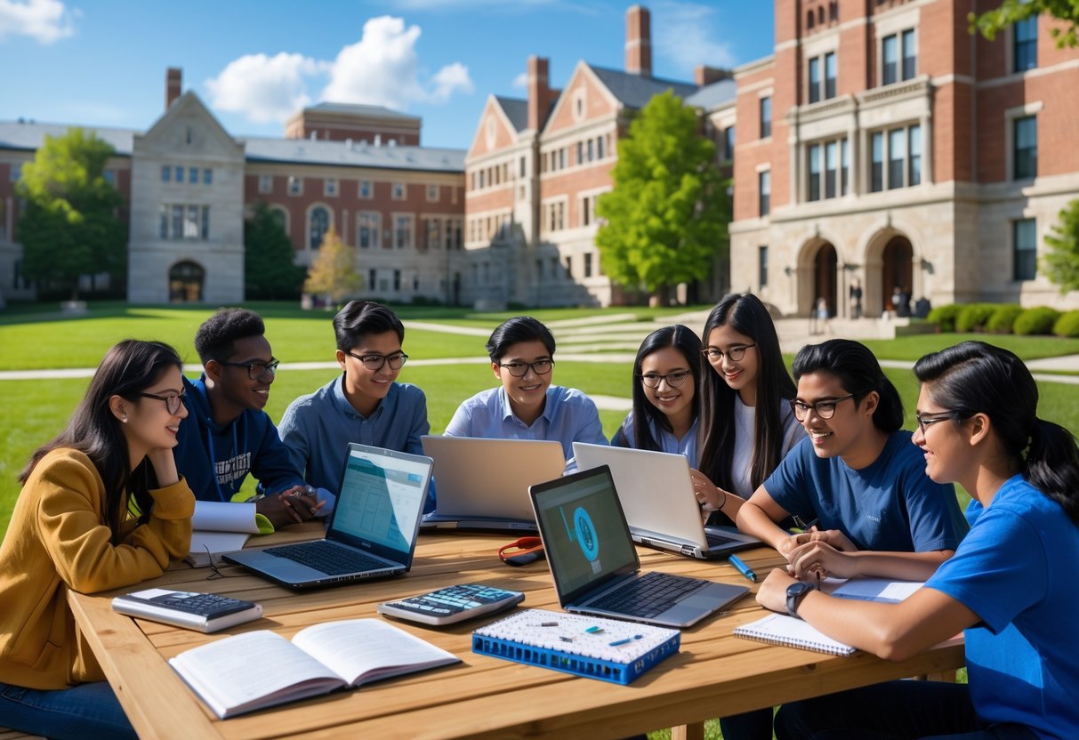A diverse group of students studying together outdoors on a university campus with modern buildings and green lawns in the background.