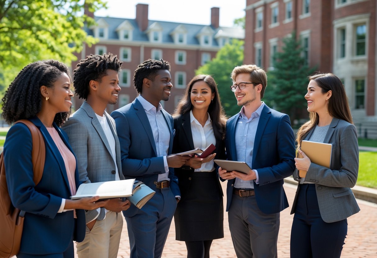 A group of diverse young graduate students standing and talking on a university campus with red brick buildings and trees in the background.