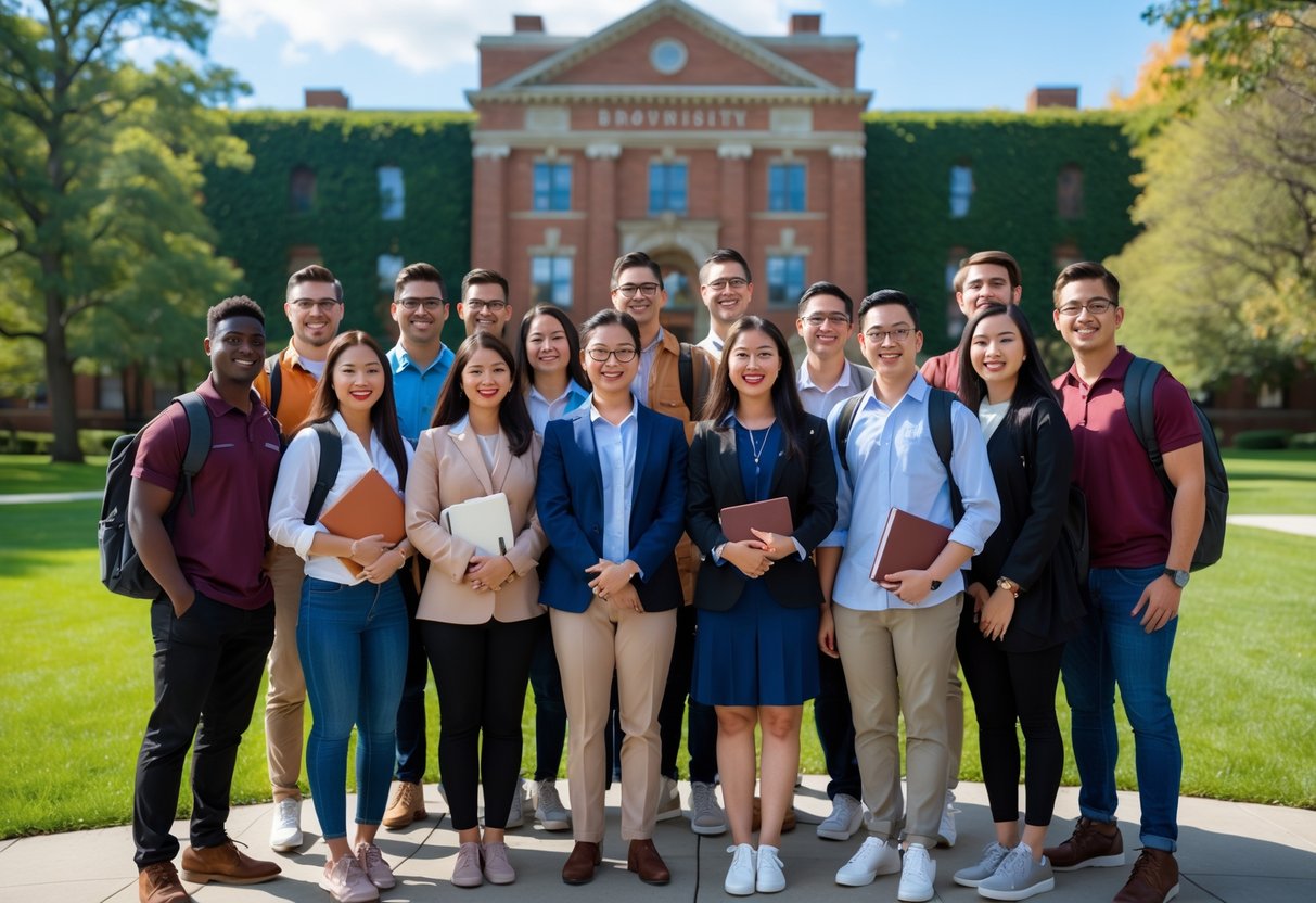 A group of diverse university students standing outside a historic university building on a sunny day, smiling and holding books and backpacks.