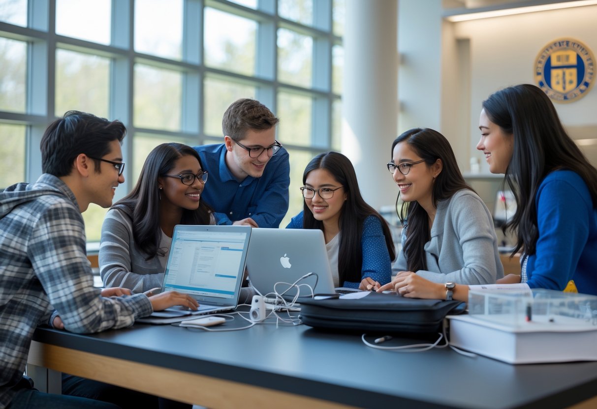 A diverse group of graduate students working together in a bright university research lab with laptops and notebooks.