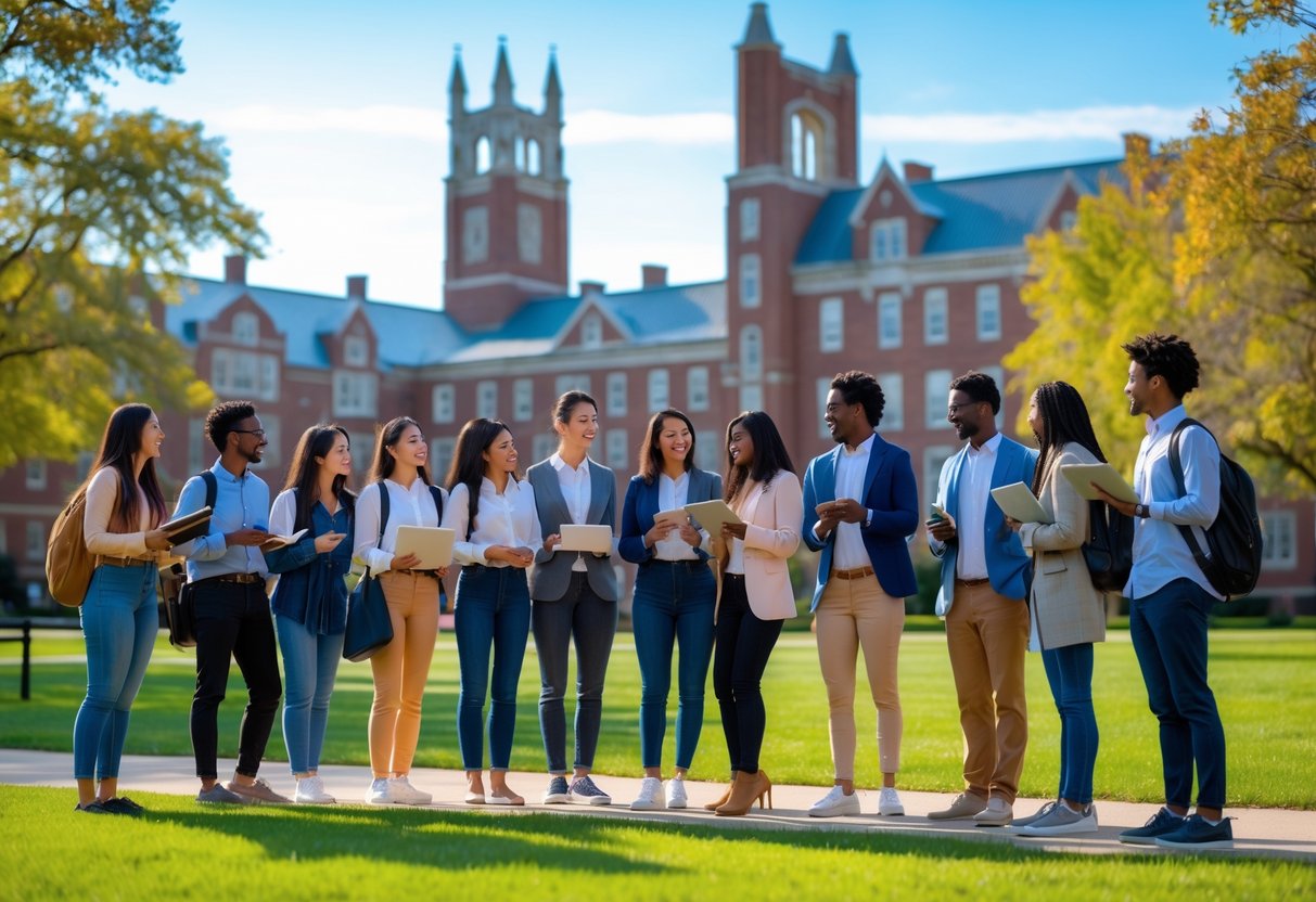A diverse group of university students discussing and working together outdoors on a university campus with red brick buildings and a tower in the background.