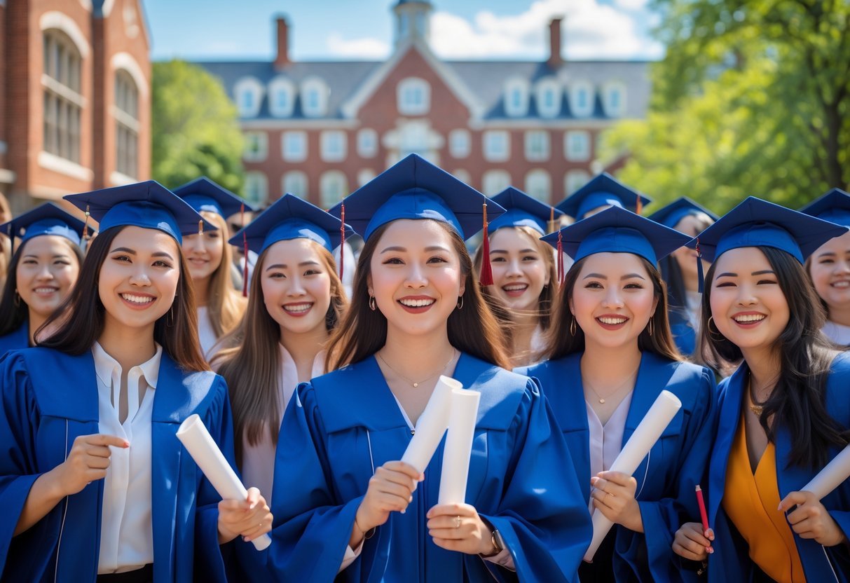 A group of young women graduates in academic gowns holding diplomas outside a university campus.