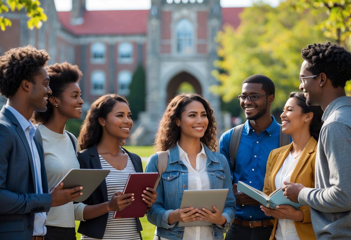 A group of diverse students discussing and studying together outdoors on a university campus with historic buildings and greenery in the background.