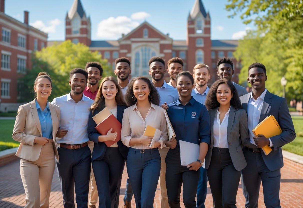 A diverse group of young adults smiling and holding books on a university campus with red brick buildings and trees in the background.