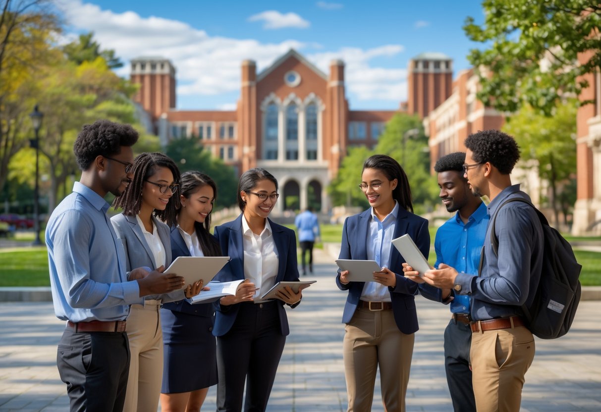 A diverse group of young scholars discussing and working together on a university campus with Brown University buildings and greenery in the background.