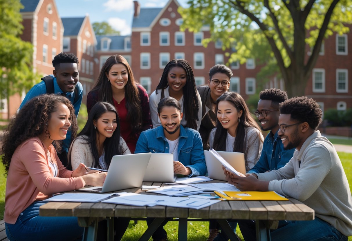 A group of diverse college students studying together outdoors on a sunny day at Cornell University campus with red brick buildings in the background.
