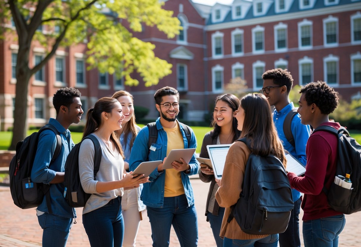A group of diverse college students studying and talking together outside on a university campus with brick buildings and trees in the background.