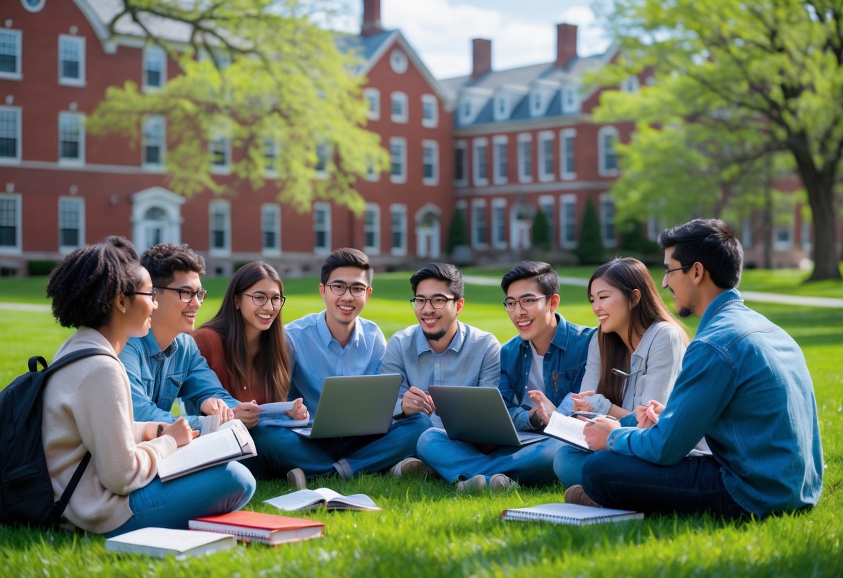 A group of diverse students studying together outdoors on a university campus with red brick buildings and trees in the background.