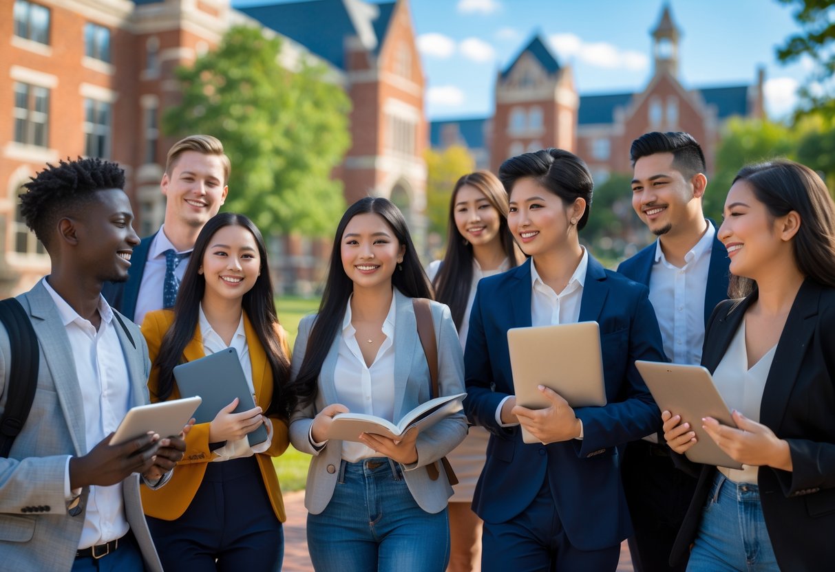 A group of diverse graduate students smiling and talking on a university campus with red brick buildings and trees in the background.