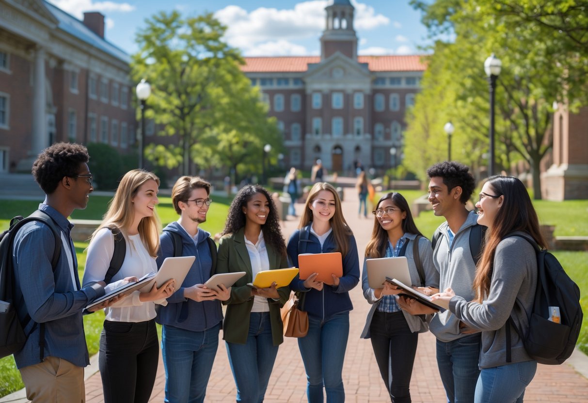 A group of diverse college students studying together outdoors on a university campus with buildings and greenery in the background.