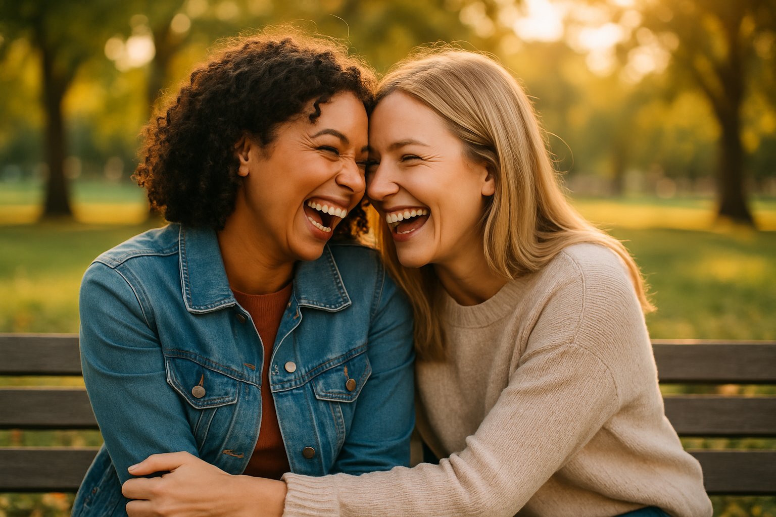 Two women sitting closely on a park bench, laughing and embracing each other warmly outdoors.