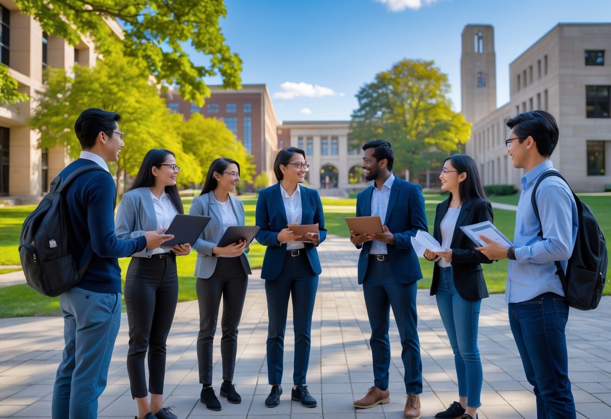 A group of diverse students and researchers talking and working together outside on a university campus with buildings and trees in the background.