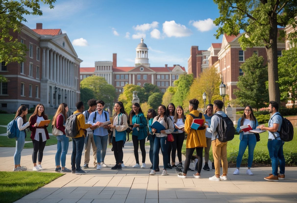 A group of diverse college students studying and talking together outdoors on a university campus with classic buildings and trees in the background.