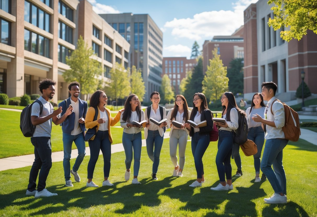 A group of diverse young adults smiling and talking on a university campus with academic buildings and green lawns in the background.
