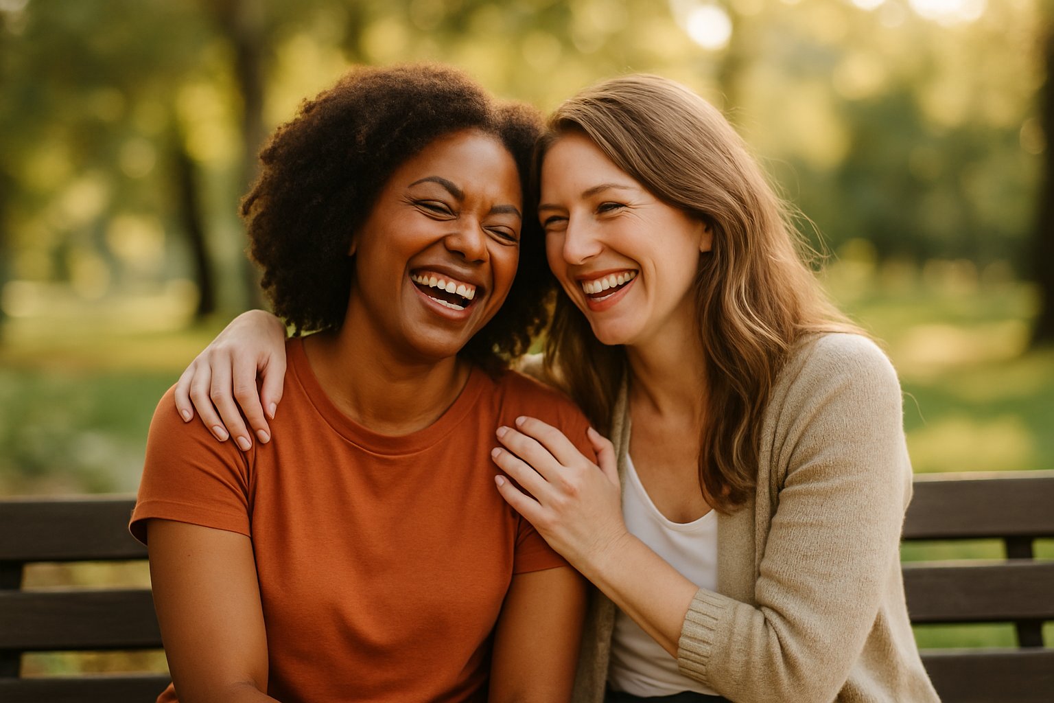 Two women sitting closely on a park bench, smiling and laughing together in a green outdoor setting.
