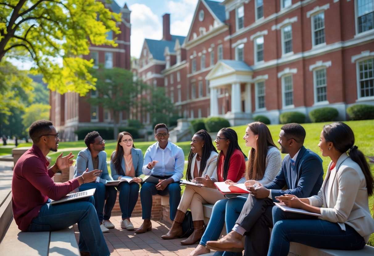 A group of university students and a professor engaged in an outdoor academic discussion on a university campus with historic buildings and green trees.