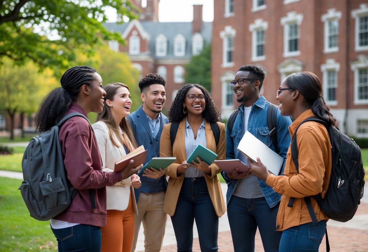 A group of diverse college students studying and talking together outdoors on a university campus with brick buildings and trees in the background.