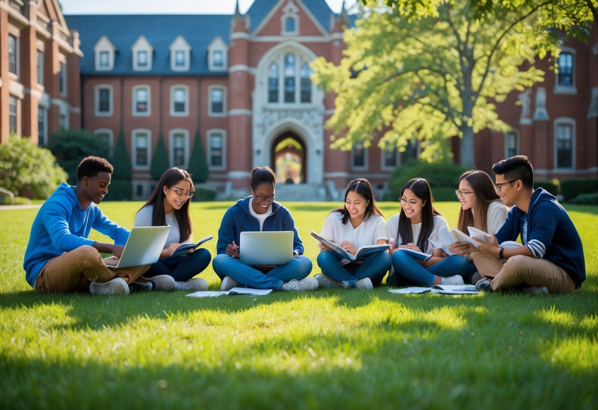 A group of diverse university students studying and collaborating outdoors on a sunny day near classic red brick university buildings.