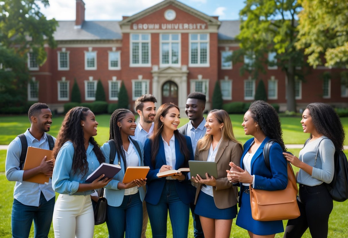 A group of diverse students studying and talking outside a red brick university building on a sunny day.