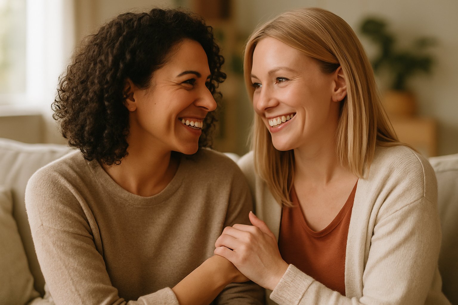 Two women sitting closely together indoors, smiling warmly and holding hands, sharing a moment of deep connection and friendship.