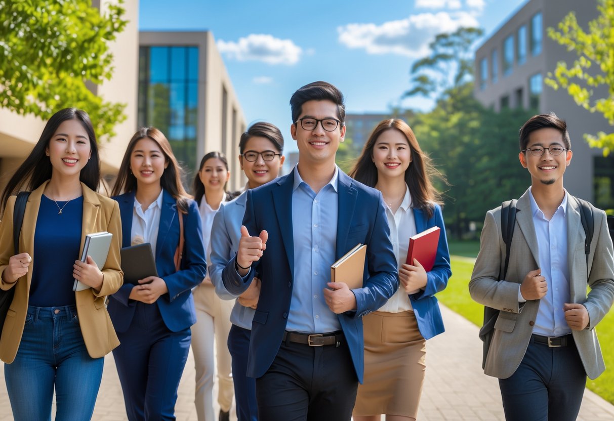 A diverse group of graduate students standing and walking together on a university campus, holding books and laptops, smiling and celebrating academic success.