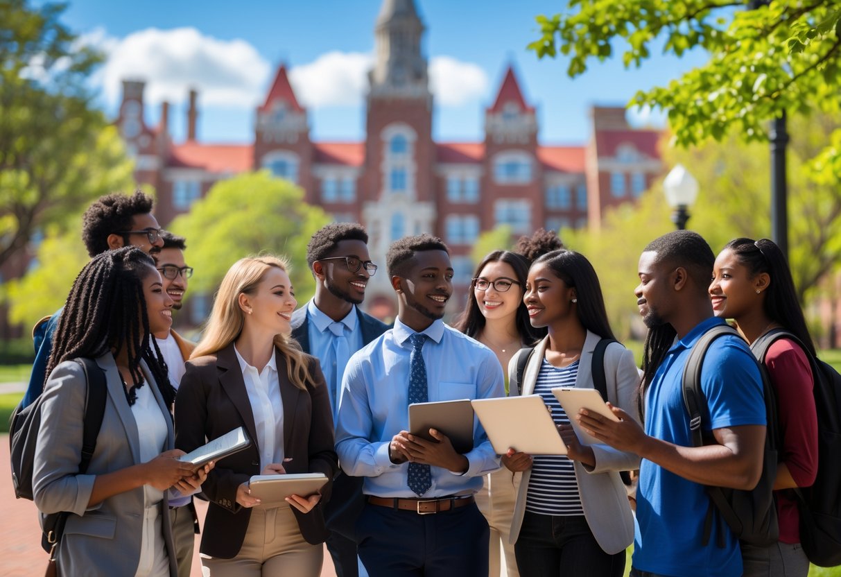 A diverse group of university students talking outdoors with Brown University buildings in the background.