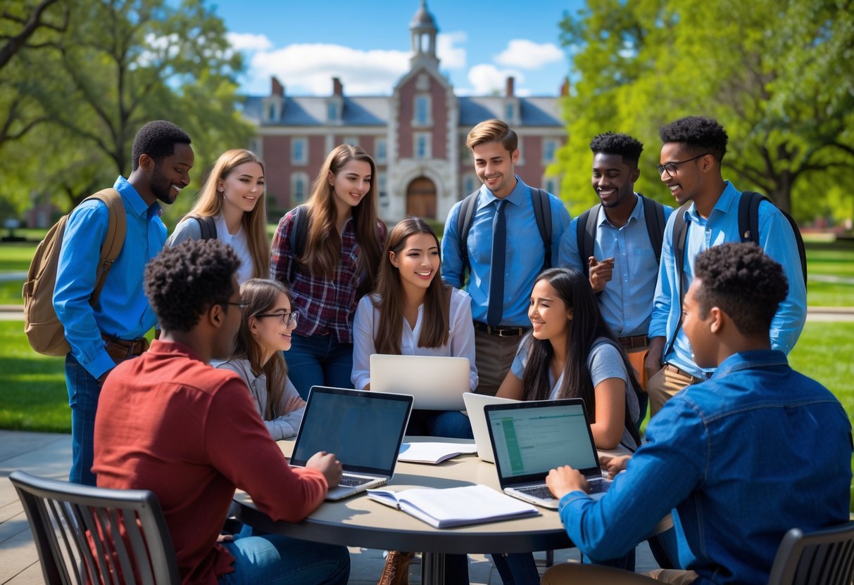 A group of diverse university students studying and discussing together on a university campus outdoors.