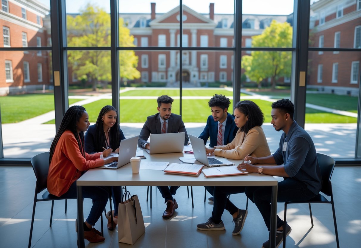A diverse group of young adults working together indoors on laptops and documents at a university campus.