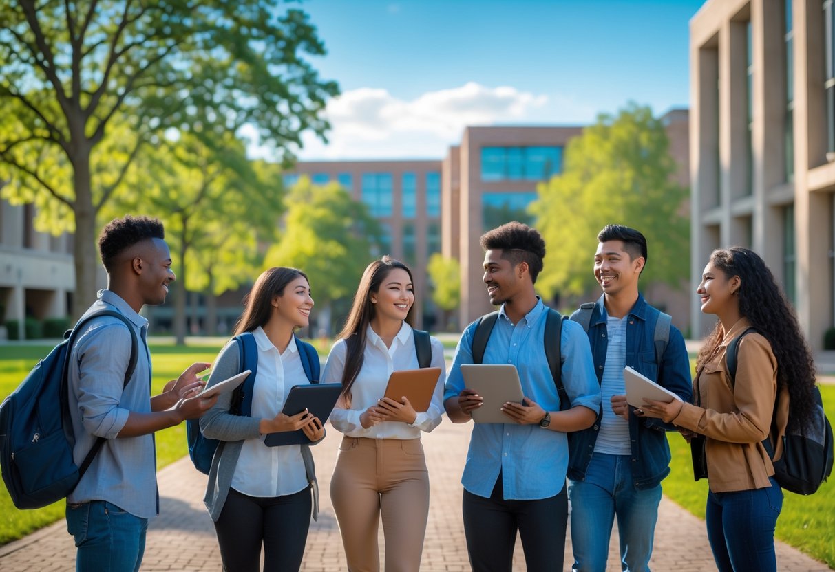A group of diverse college students talking outdoors on a university campus with academic buildings and trees in the background.