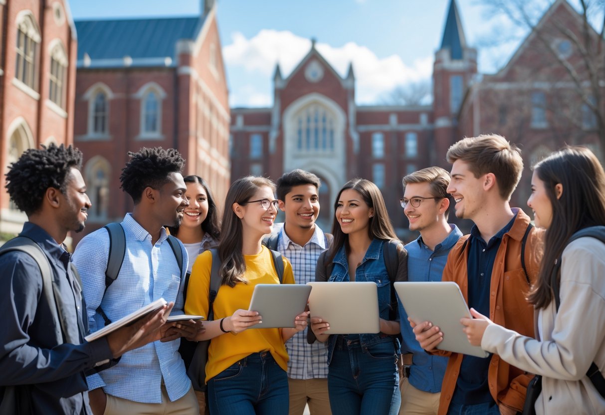 A group of diverse students talking and studying together outdoors on a university campus with historic red brick buildings in the background.