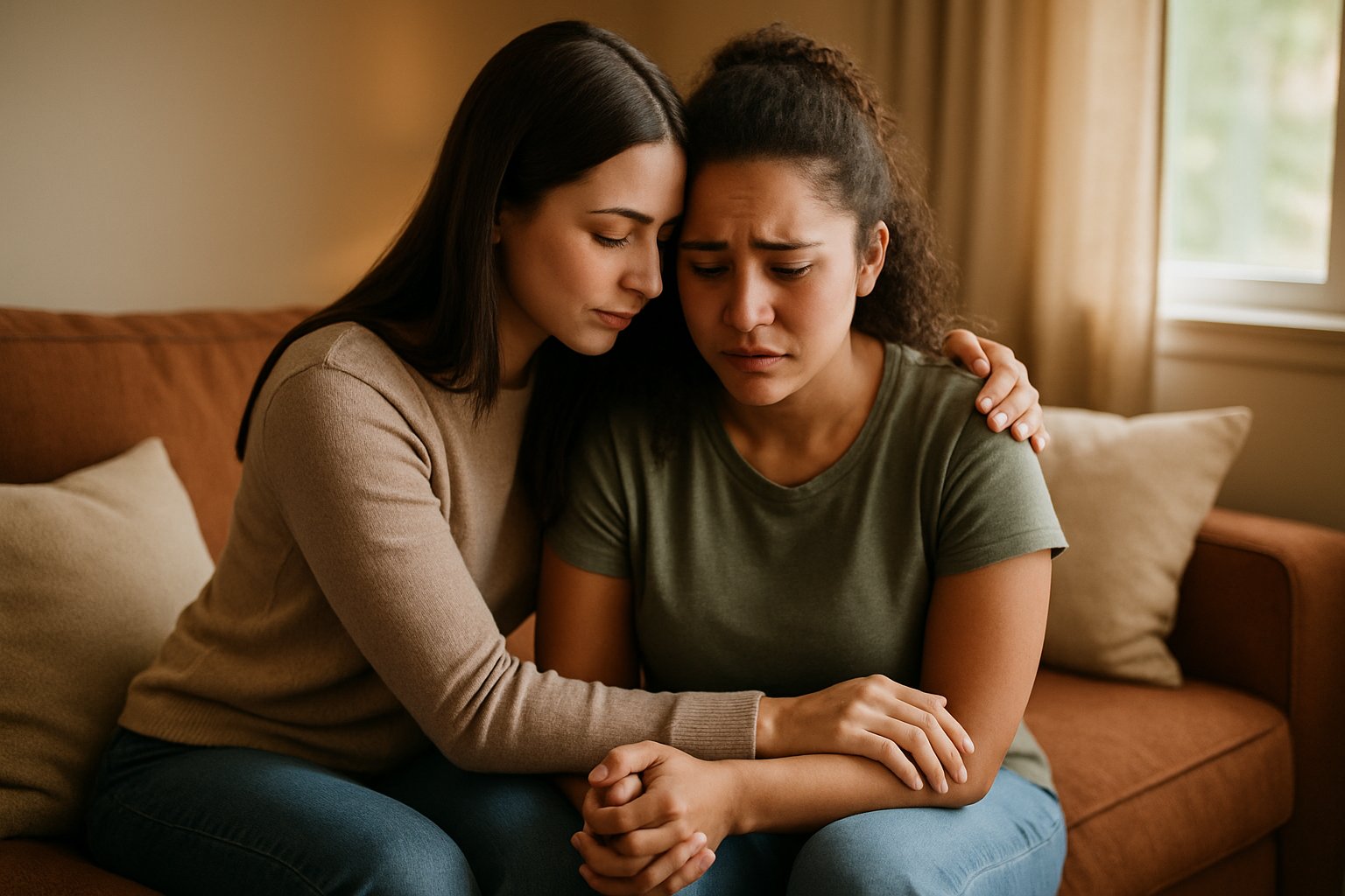 Two friends sitting closely on a couch, one comforting the other during a difficult moment.
