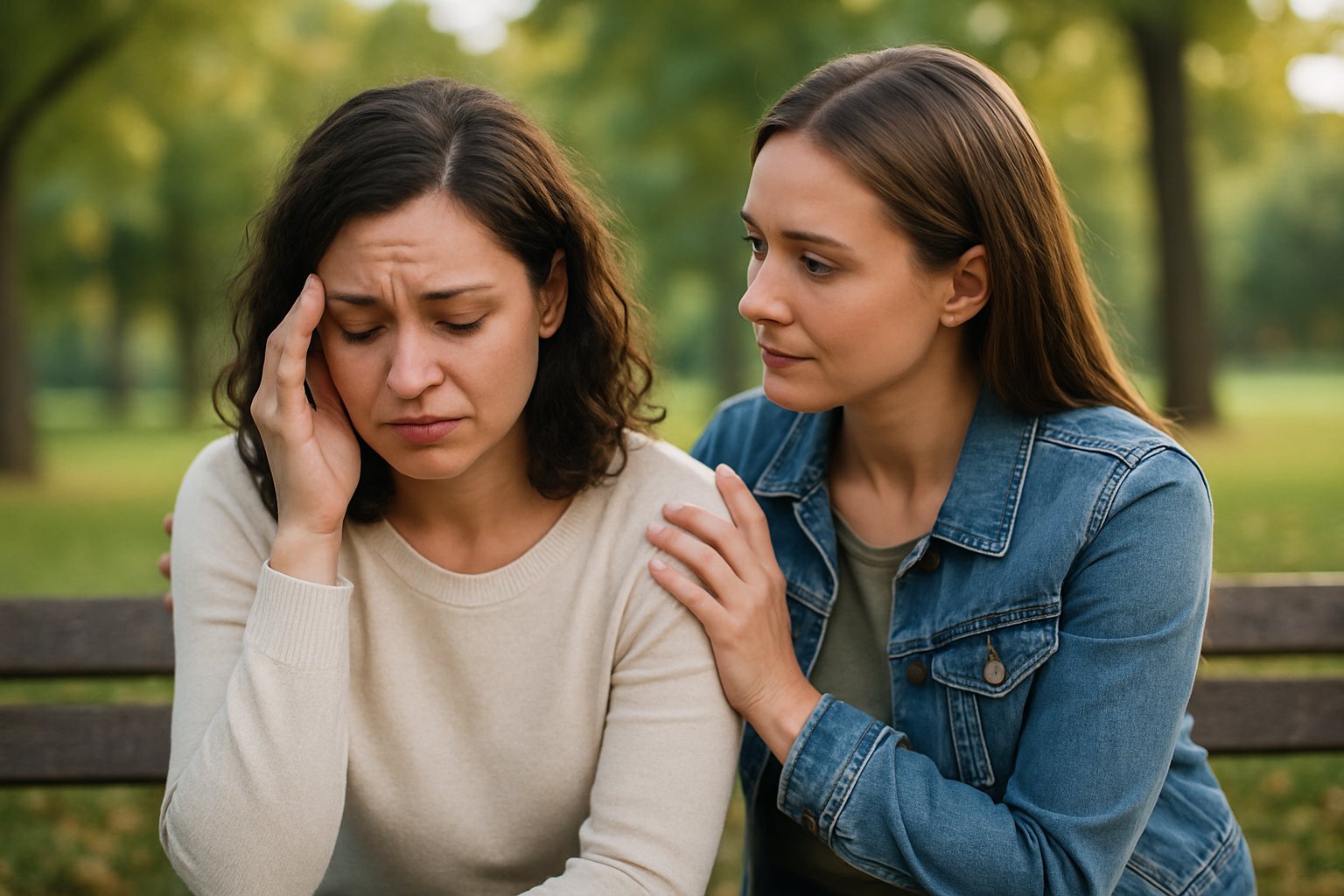 Two women sitting on a park bench, one comforting the other who looks upset, surrounded by greenery.