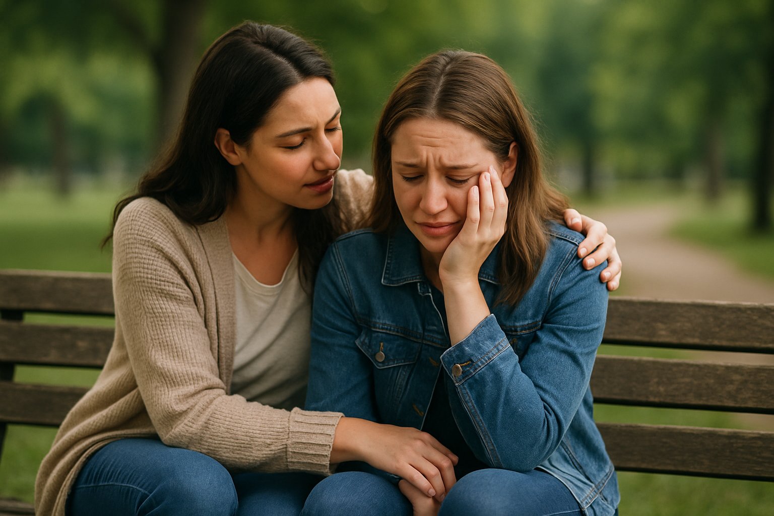 Two women sitting on a park bench, one comforting the other who looks upset, showing support and friendship during a difficult time.
