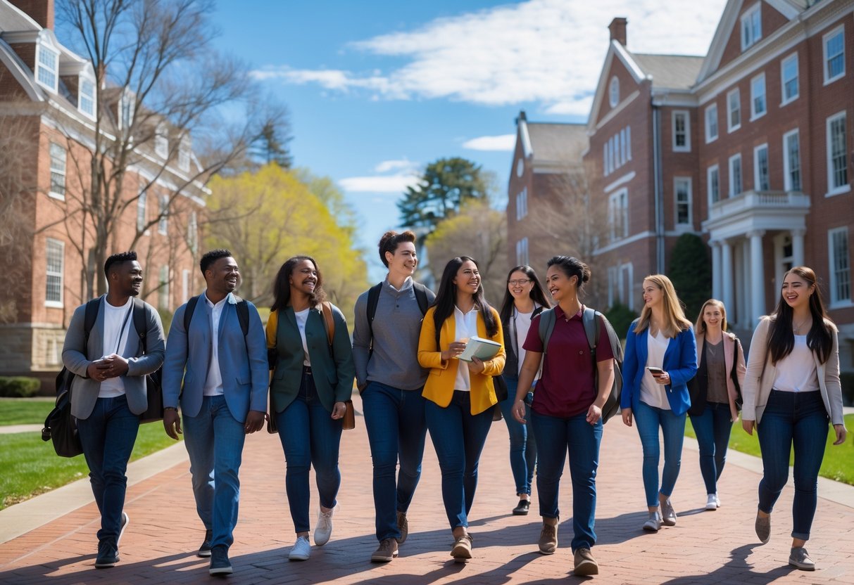 45 Fully Funded Scholarships At Dartmouth College 2026 6 A group of diverse college students walking and talking on a college campus with brick buildings and green lawns.