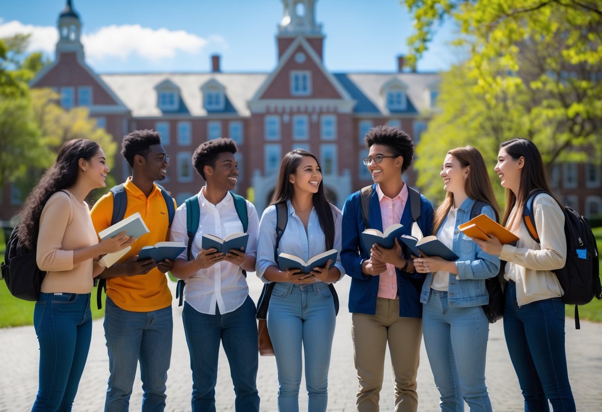 45 Fully Funded Scholarships At Dartmouth College 2026 7 A diverse group of college students standing together on a green campus with Dartmouth College buildings in the background.