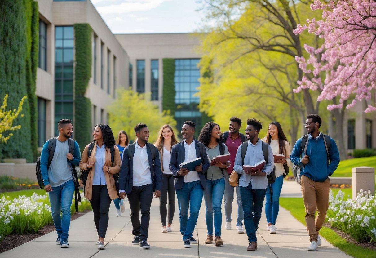45 Fully Funded Scholarships At Dartmouth College 2026 8 A group of diverse college students walking and talking on a university campus with academic buildings and greenery in the background.