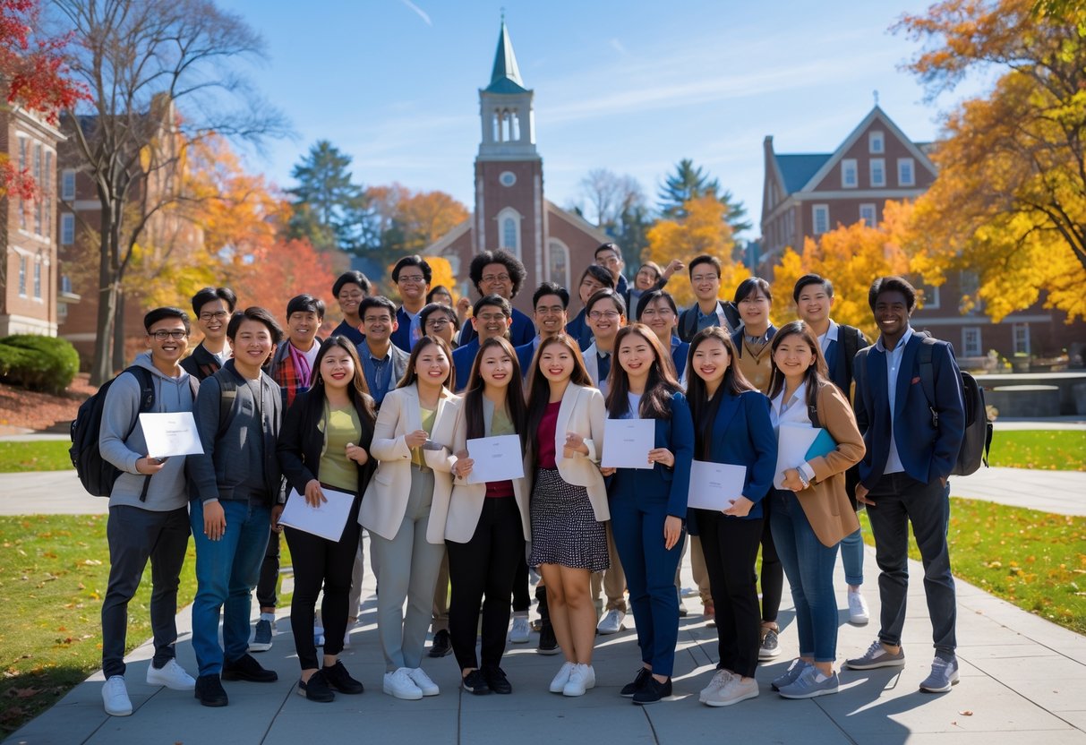 45 Fully Funded Scholarships At Dartmouth College 2026 9 A diverse group of international students smiling and celebrating outdoors on a college campus with buildings and trees in the background.