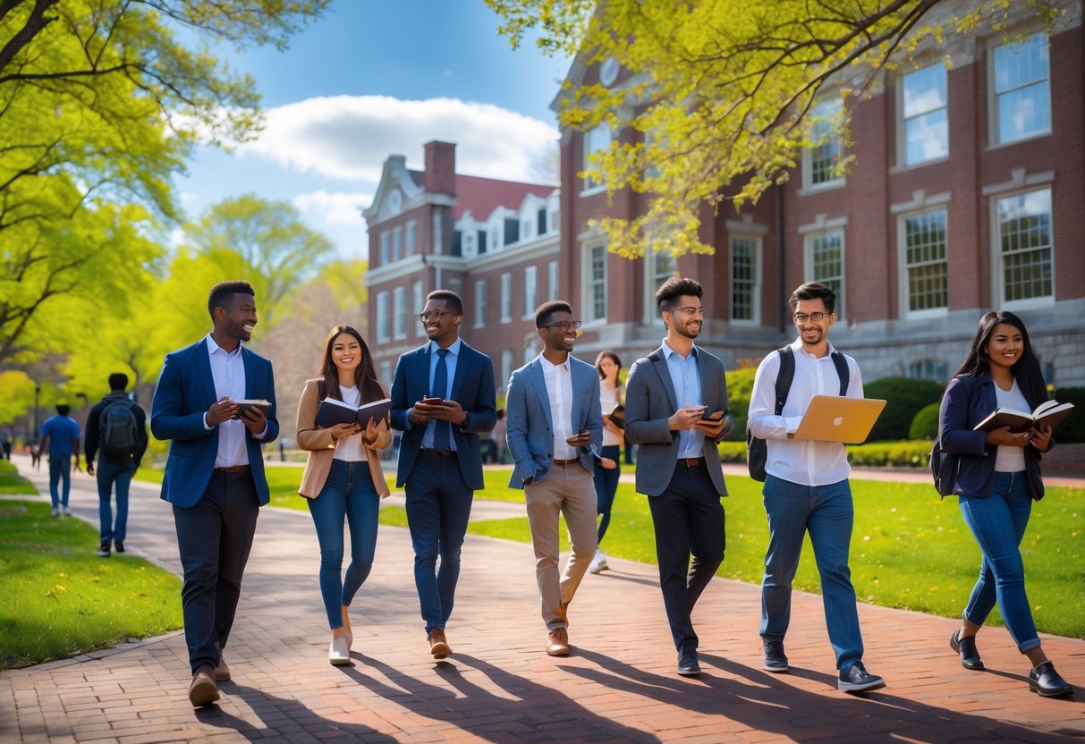 45 Fully Funded Scholarships At Dartmouth College 2026 10 A group of diverse undergraduate students studying and walking outside on a college campus with historic buildings and green trees in the background.