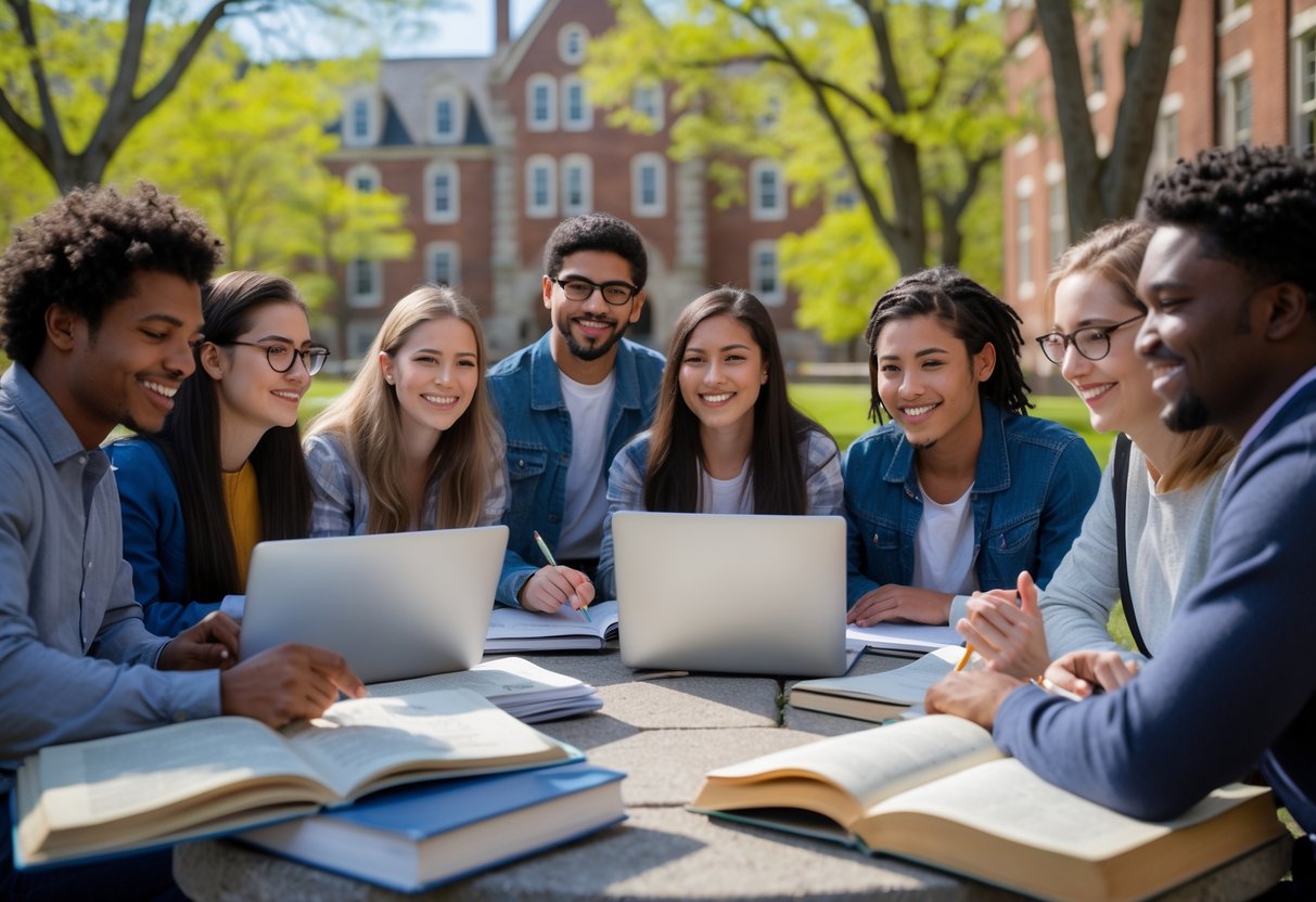 45 Fully Funded Scholarships At Dartmouth College 2026 11 A diverse group of college students studying together outdoors on a college campus with historic buildings and trees in the background.
