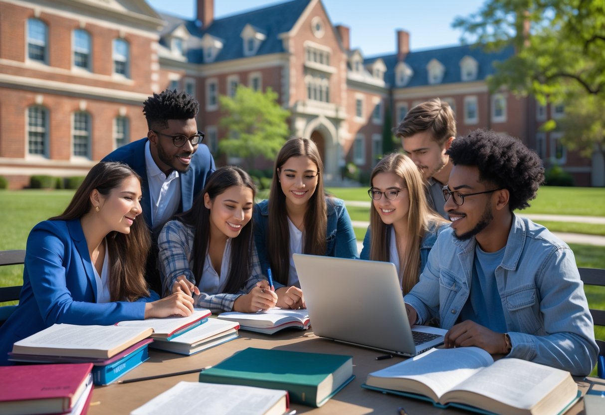 45 Fully Funded Scholarships At Dartmouth College 2026 13 A group of diverse college students studying together outdoors on a sunny day at a university campus with brick buildings in the background.