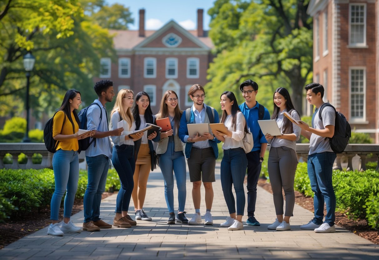 45 Fully Funded Scholarships At Dartmouth College 2026 15 A group of diverse university students studying together outdoors on a college campus with historic buildings and green trees in the background.