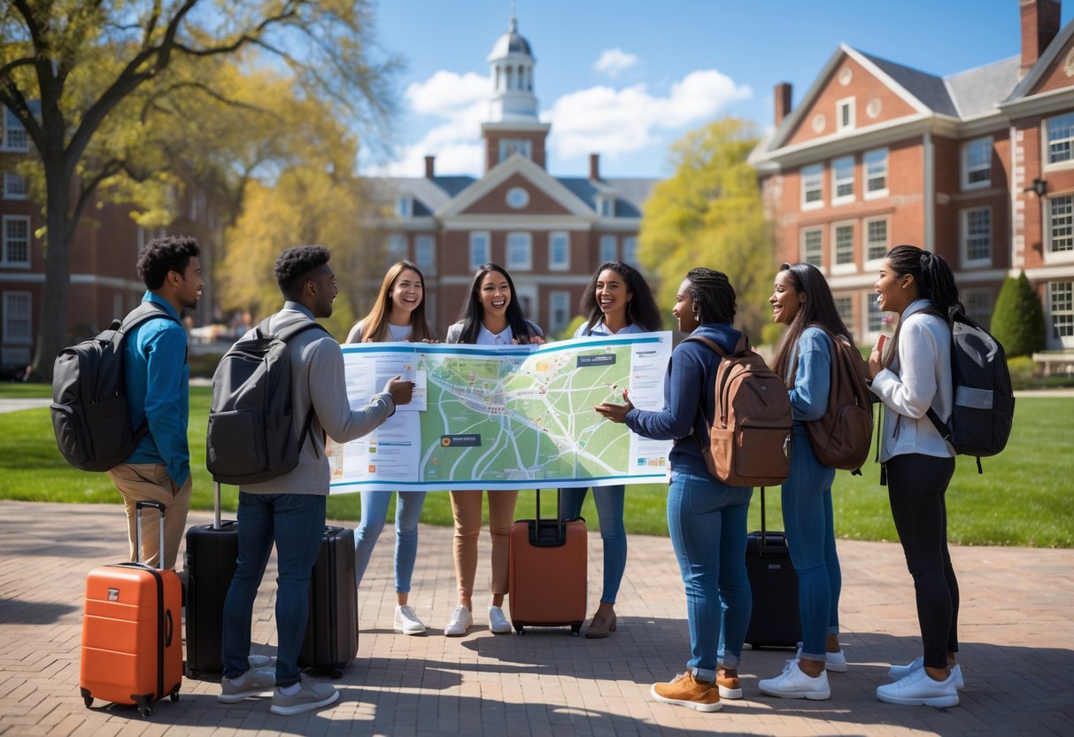 45 Fully Funded Scholarships At Dartmouth College 2026 16 A diverse group of college students outdoors on a campus lawn looking at a map and preparing for travel with backpacks and suitcases.