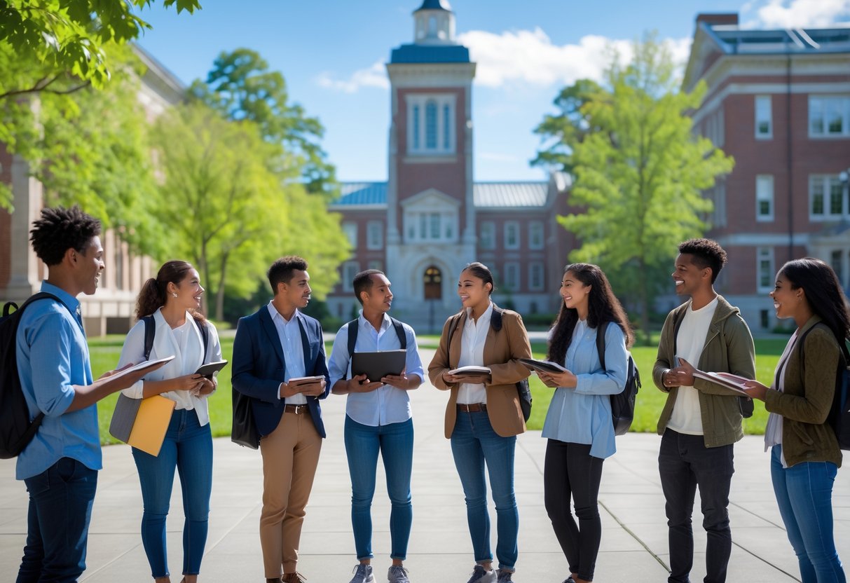 45 Fully Funded Scholarships At Dartmouth College 2026 18 A diverse group of students talking outdoors on a college campus with trees and buildings in the background.