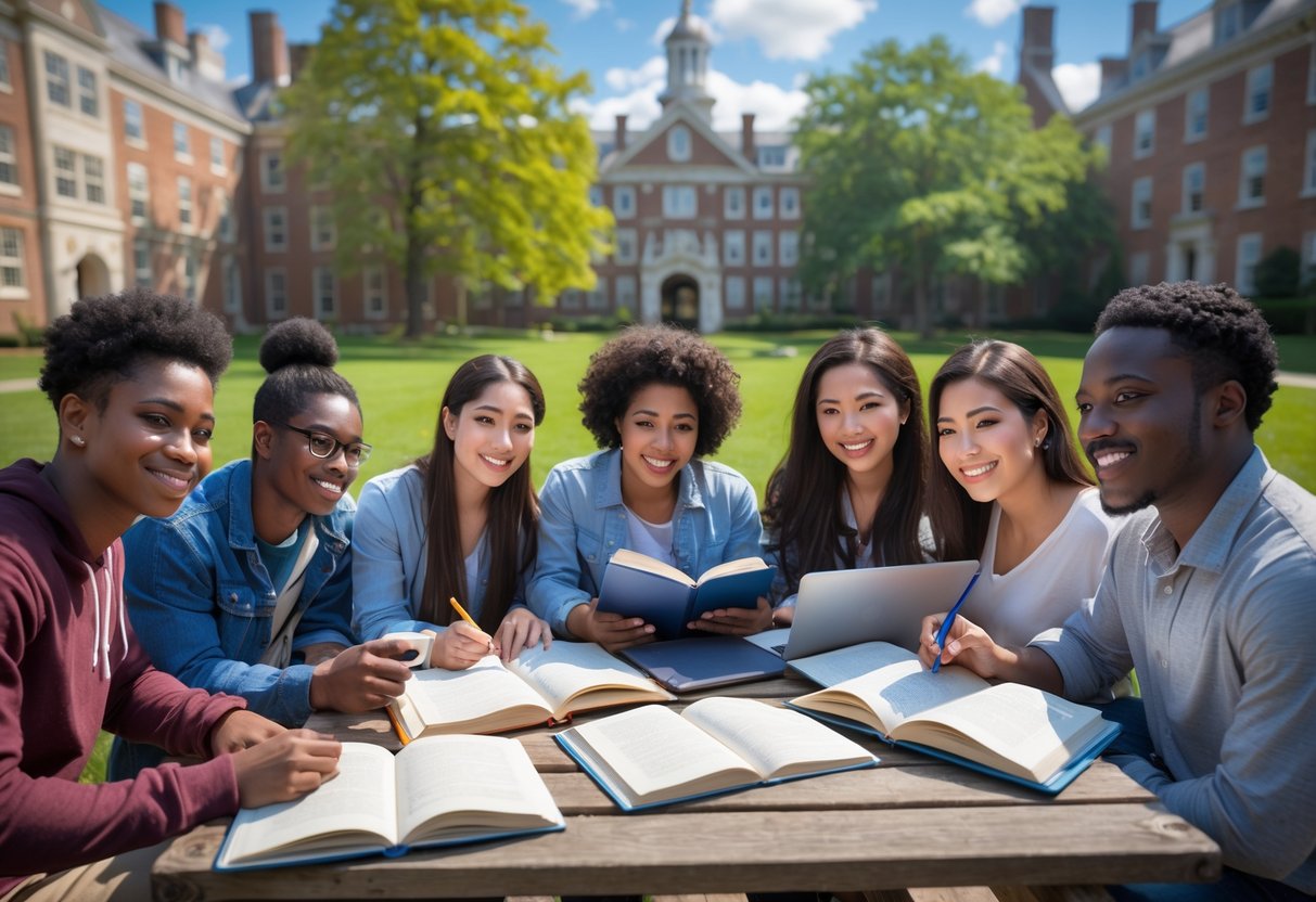 45 Fully Funded Scholarships At Dartmouth College 2026 19 A diverse group of college students studying together outdoors on a sunny day at a historic campus.