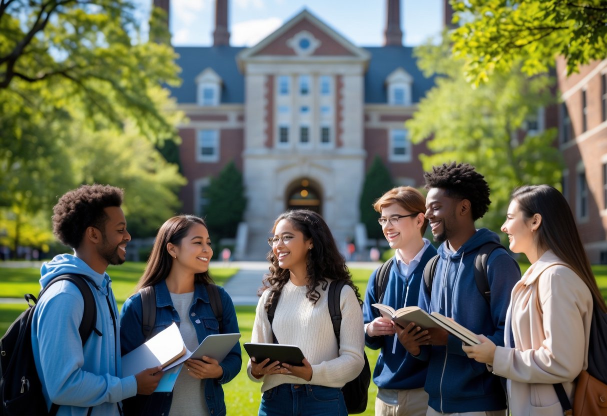 45 Fully Funded Scholarships At Dartmouth College 2026 20 A group of diverse college students studying and talking outside a historic college building surrounded by trees.