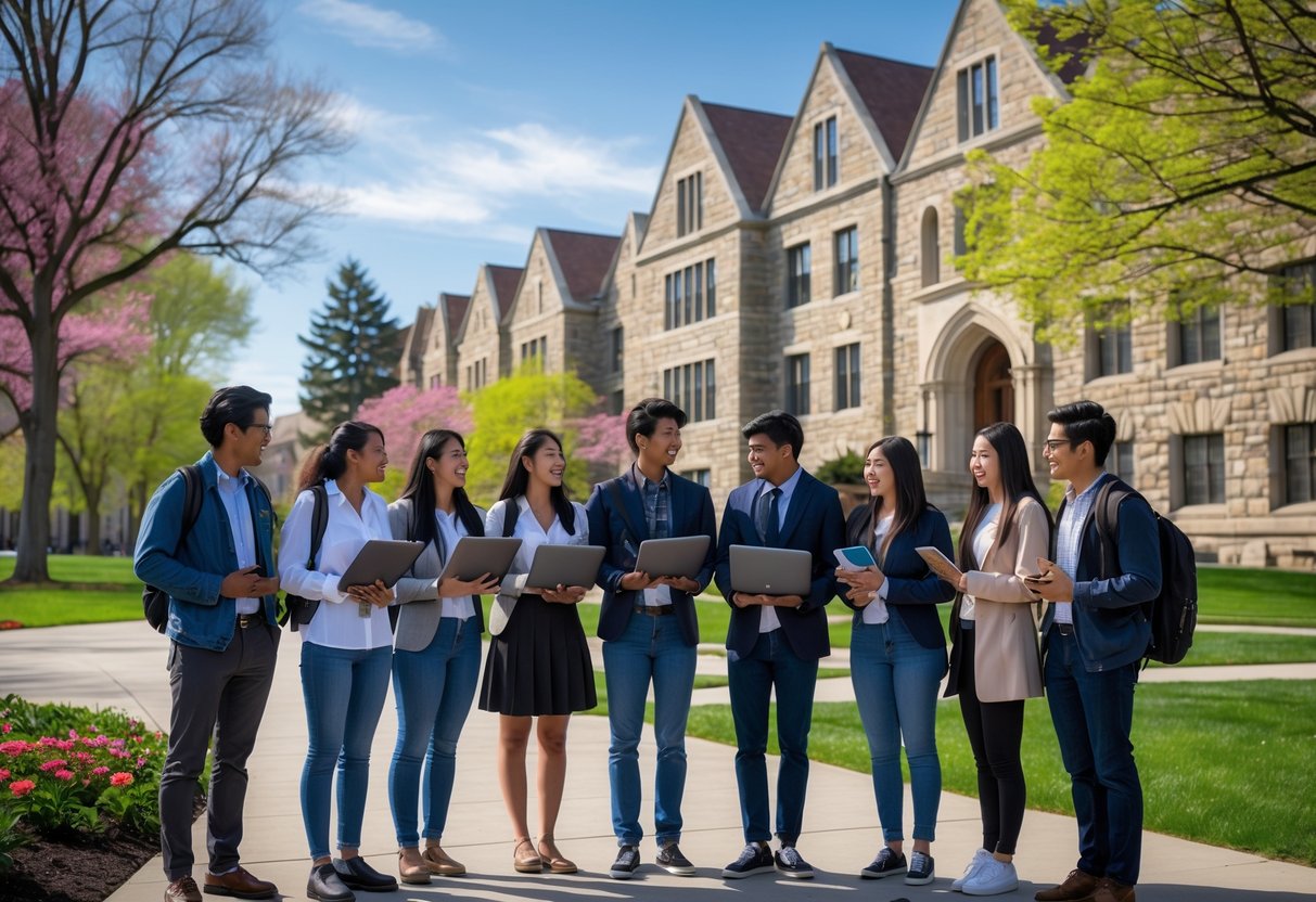 45 Fully Funded Scholarships At Dartmouth College 2026 21 A group of diverse undergraduate students talking and holding books on a college campus with historic buildings and trees in the background.