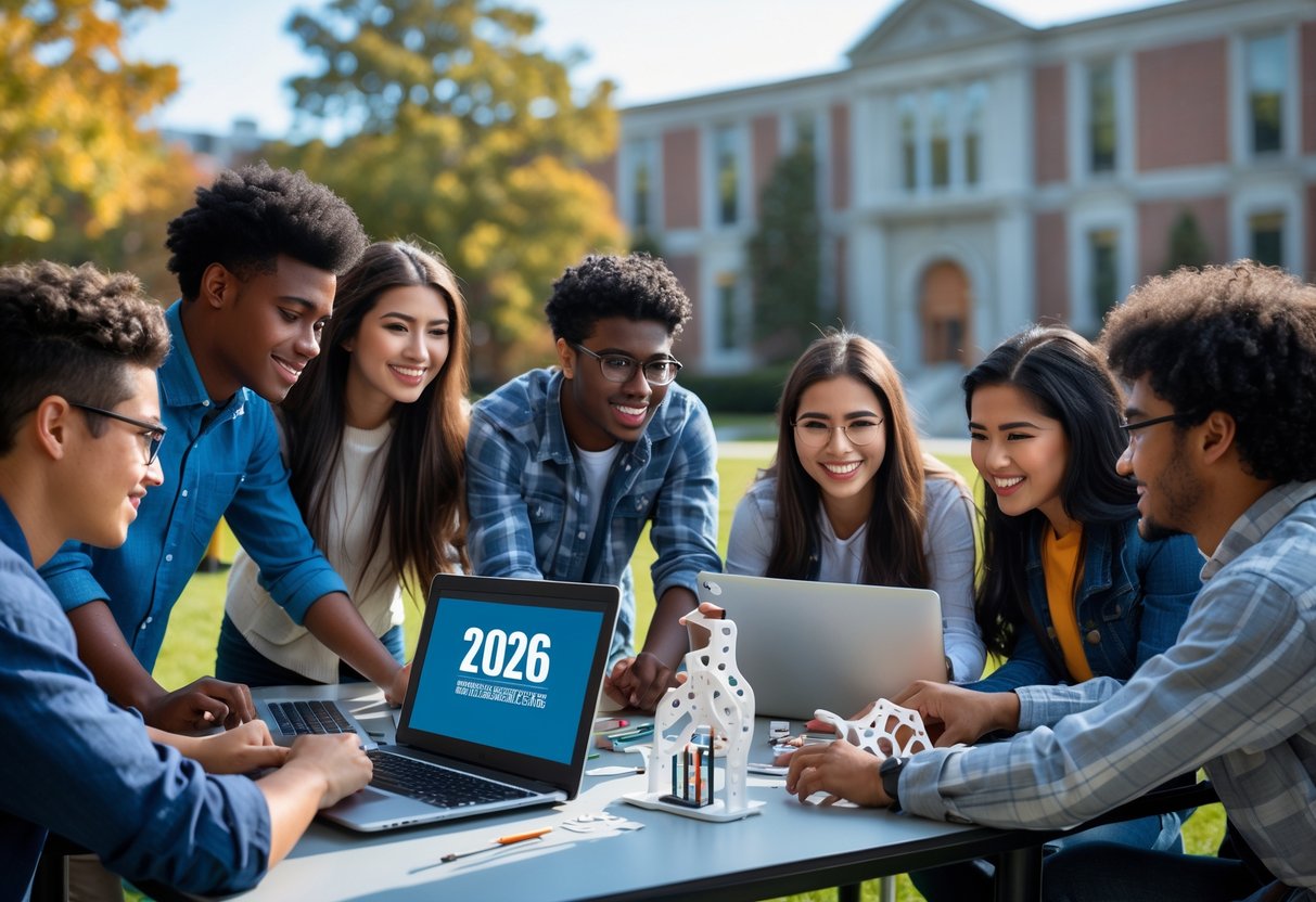 45 Fully Funded Scholarships At Dartmouth College 2026 22 Diverse college students collaborating on STEM projects outdoors near a university building.