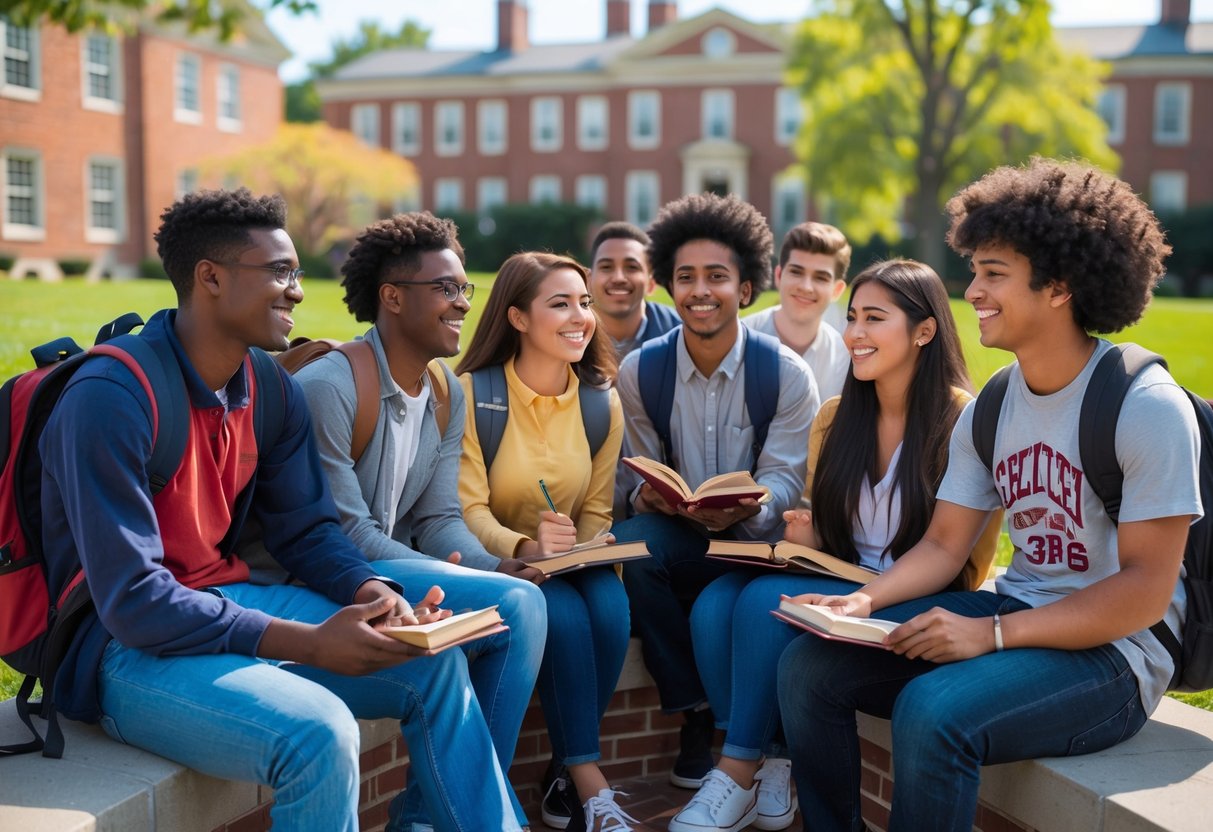 45 Fully Funded Scholarships At Dartmouth College 2026 25 A diverse group of college students gathered outside on a sunny day with historic campus buildings in the background.