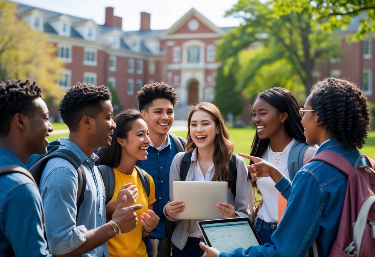 45 Fully Funded Scholarships At Dartmouth College 2026 26 A diverse group of college students talking and studying together outdoors on a college campus with trees and buildings in the background.